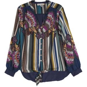 FIGUEROA & Flower Women's MEDIUM Green Pink Floral Blouse Shirt Top Boho Striped